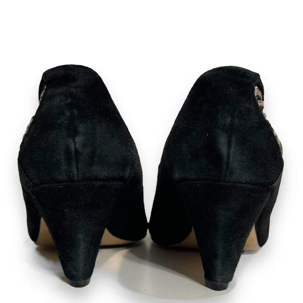 🍀 Seychelles Black Suede Pump Heels Cutout Mid Heel Peep Toe Slip On 10